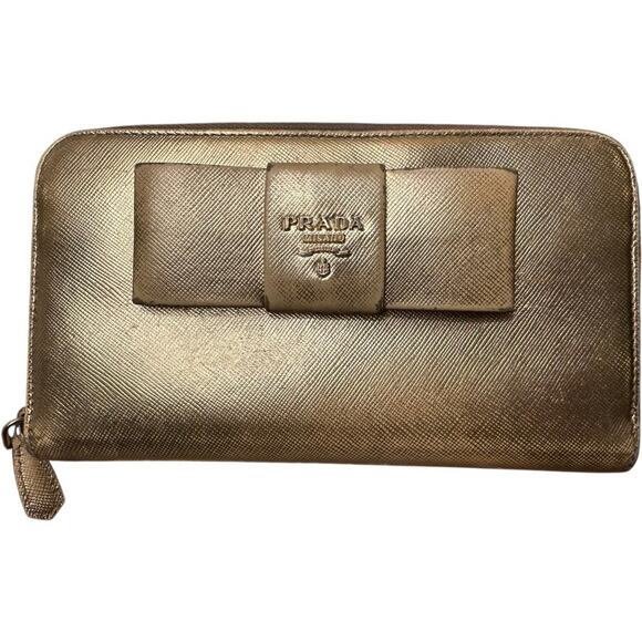 Prada + Authenticity Card Gold Saffiano Leather Prada long zippy wallet bow COA - Picture 5 of 7
